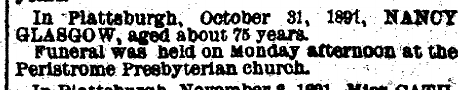 Nancy Glasgow: death and funeral notice, November 1891