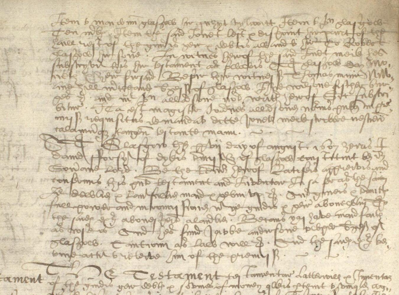 Continuation showing the bequest to Marioun Glasgow, the residue left to Robert Glasgow her son, and surrounding attestation and confirmation text